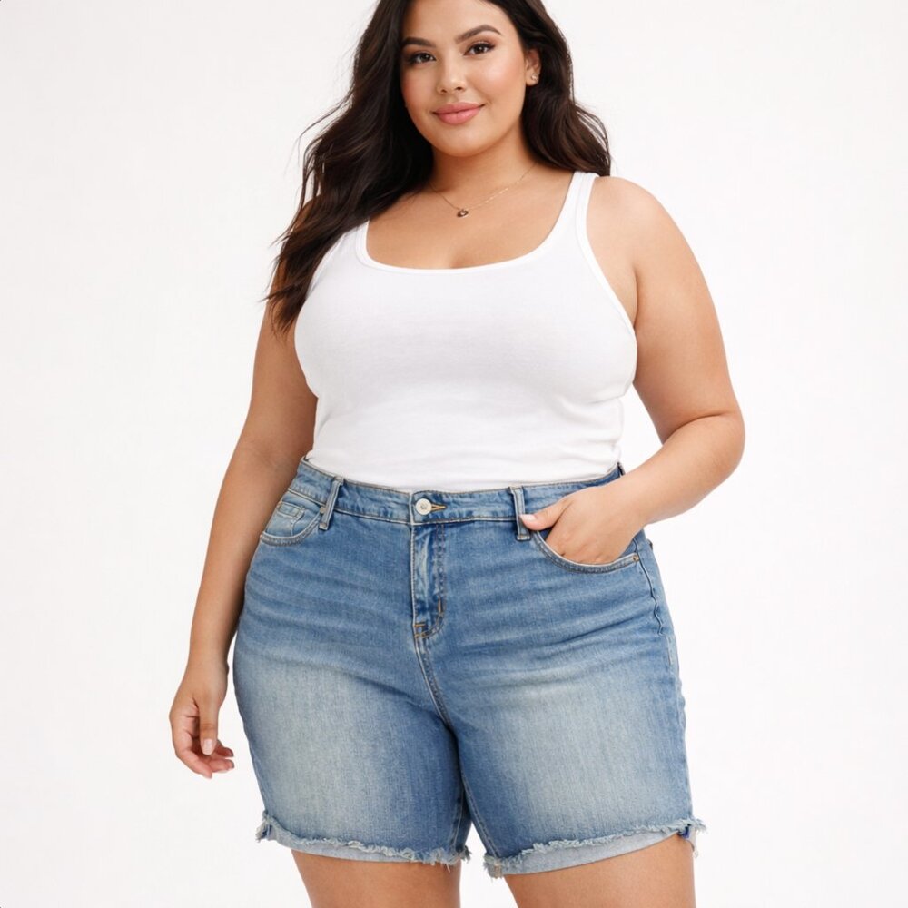 Torrid Denim Shorts 22 High Rise 8” Inseam Stretch Frayed Hem Blue Jean NWT Boho